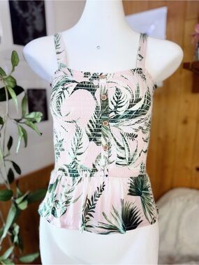 EUC Old Navy Pink & Green Tropical Smocked Peplum Cami Girls Large